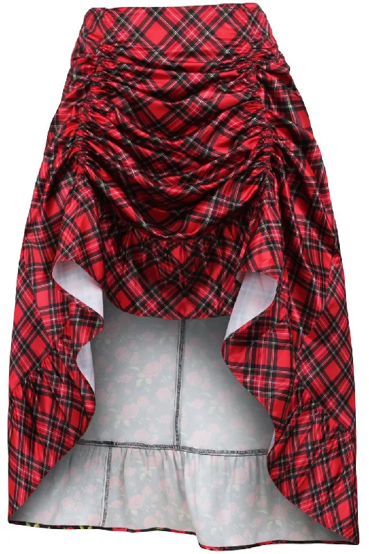 Red Plaid Satin Adjustable High Low Skirt - 34" Long cashmere skirt plush