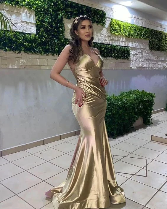 Gold V Neck Mermaid Satin Formal Party Dress,DP1955 Crew Neckline Sporty