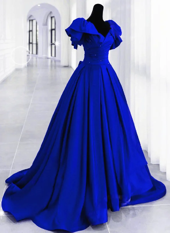 Royal Blue Long Satin Lace-up A-line Prom Dress, Royal Blue Wedding Party Dress Lace Sexy Club