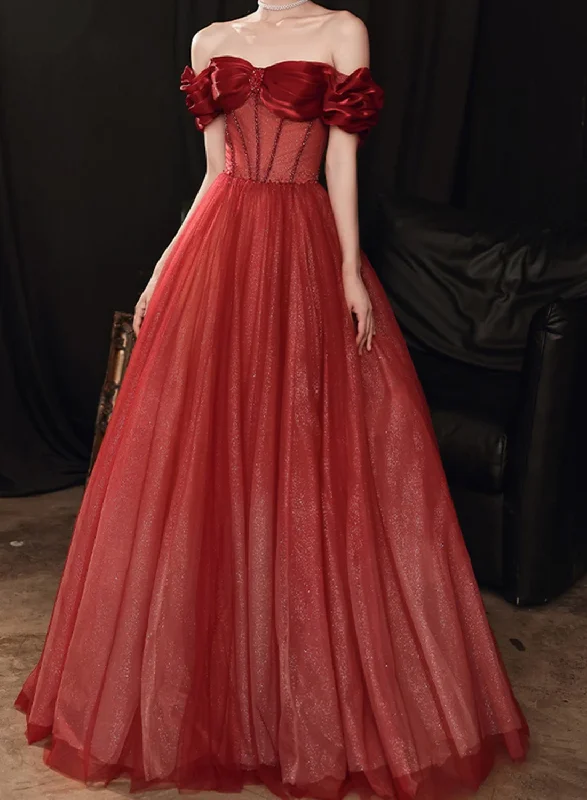 Wine Red Off Shoulder Prom Dress Sparkly Party Dress, Wine Red Sweetheart Formal Dress Tunics Custom made