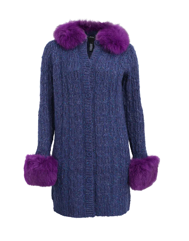 Long Fox Trim Cable Knit Cardigan Hooded Caped Shawl Collar
