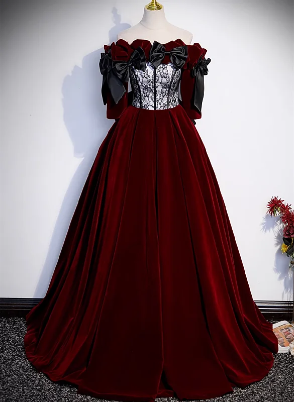 Wine Red Velvet with Lace Off Shoulder Party Dress, Wine Red Long Evening Dress Tunics Fashionable trendy