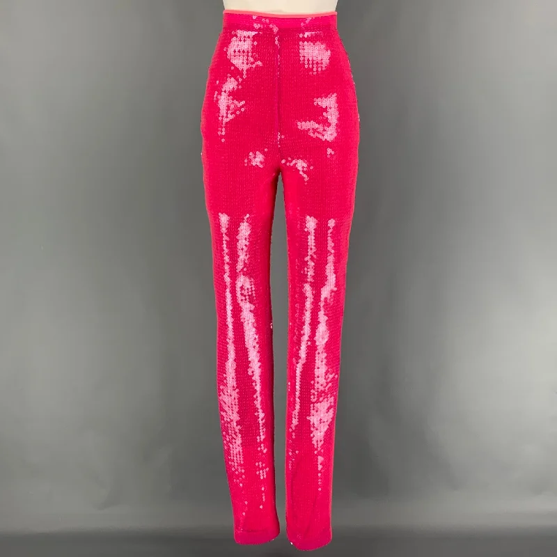 DAVID KOMA Size 4 Fuchsia Polyester Sequined Tapered Dress Pants Trendy Wide-Legged Trousers