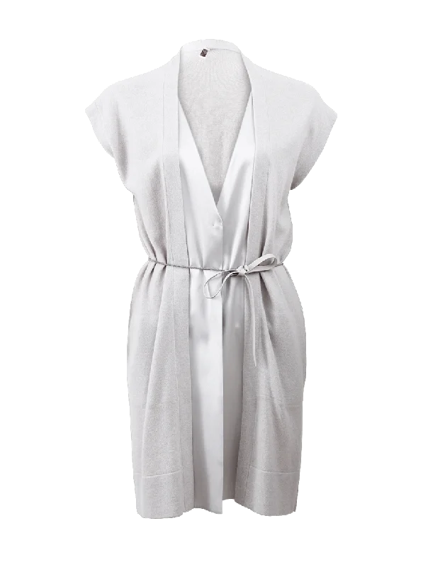 Satin Panel Belted Cardigan Elasticated Padded Insulated