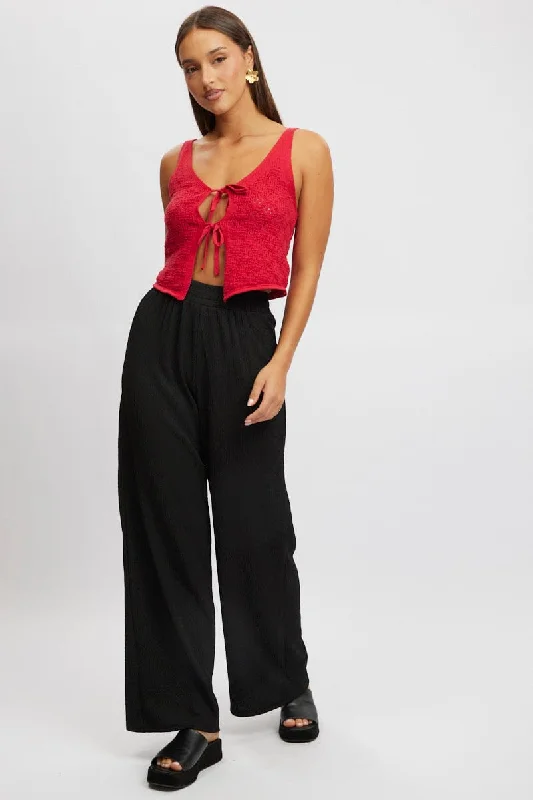 Black Wide Leg Pants High Rise Textured Fabric Fashionable Button-Up Pants
