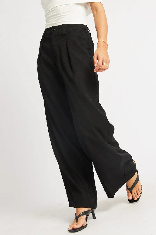 Black Wide Leg Pants High Rise Fashionable Sporty Pants