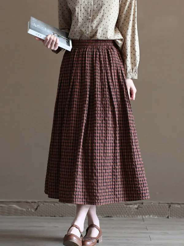 Women Summer Retro Plaid Loose 100%Cotton Skirt leather skirt sleek