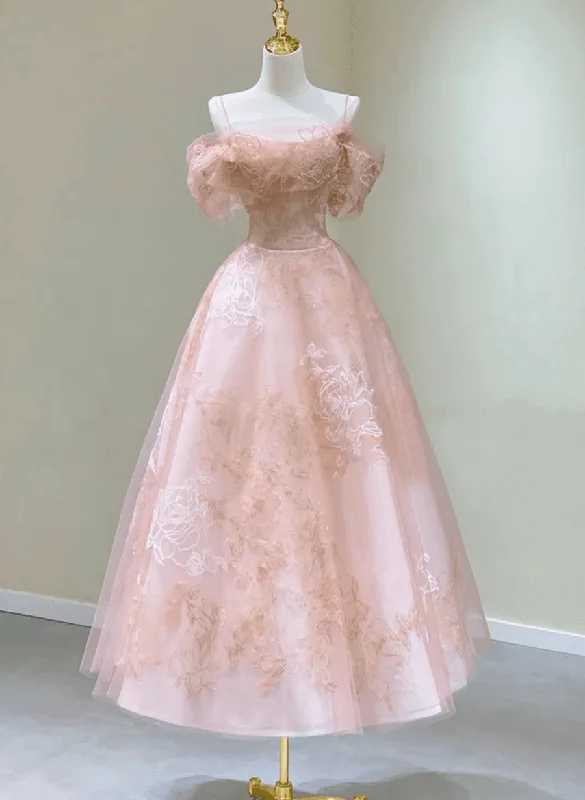 Pink Tulle Tea Length Floral Lace Party Dress, Pink Graduation Dress Prom Dress Turtleneck Warm Winter