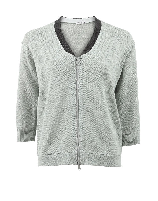 Monili Zip Cardigan Mesh Fabric Canvas Fabric Denim Fabric