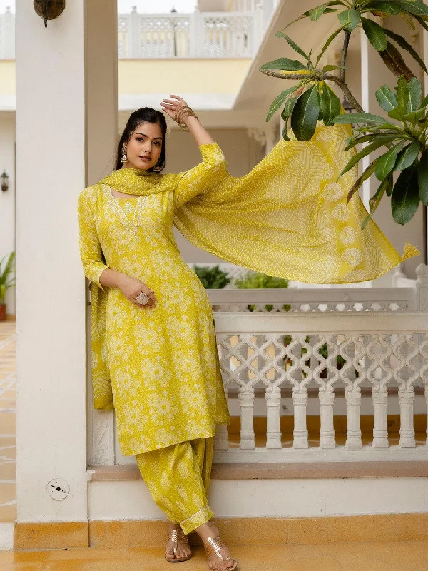 Women's Yellow Flower Printed Kurta With Pant And Duppata Set - Dwija Fashion Elegant Wool Trousers