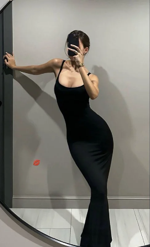 Sexy Spaghetti Straps Mermaid Maxi Dress Black Evening Party Dress, DP3595 Tunics Travel practical