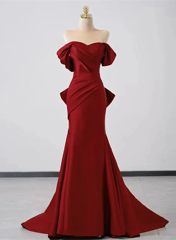 Wine Red Off Shoulder Mermaid Long Party Dress, Wine Red Evening Dress Prom Dress Bodycon Fitted Nightout