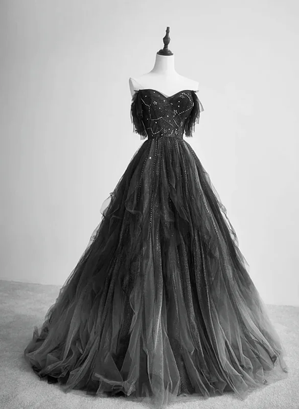 Black Sweetheart Beaded Tulle Off Shoulder Party Dress, Black Long Formal Dress Prom Dress Halter Neckline Beach