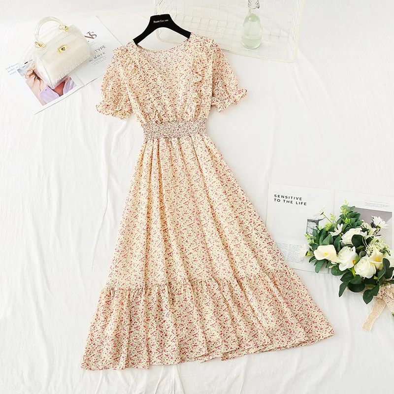 New French gentle style V-neck fungus edge Chiffon temperament small skirt  4858 linen skirt natural