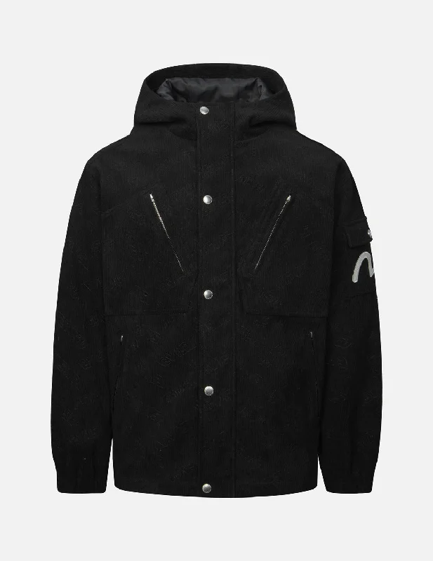 Allover Deboss Logo and Seagull Embroidery Loose Fit Hooded Corduroy Jacket Cardigan Sweater Pullover
