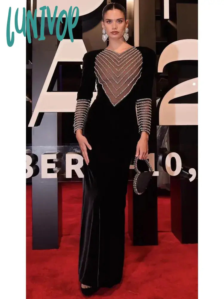 Lunivop Autumn Fashion Women Sexy Long Sleeve Mesh Diamonds Black Maxi Long Bodycon Bandage Dress Elegant Evening Club Party Dress Tunics Bridal satin