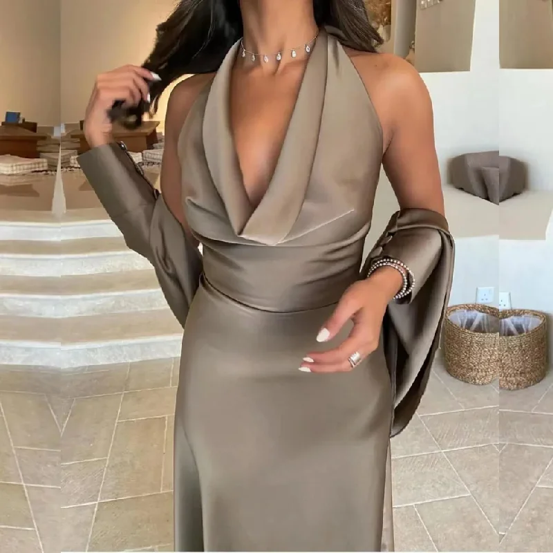Brown Halter Backless Satin Mermaid Evening Party Dress, DP2240 Tunics Office stylish