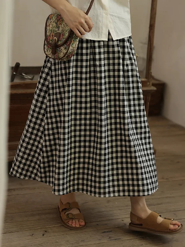 Women Summer Vintage Plaid Loose 100%Cotton Skirt silk skirt smooth