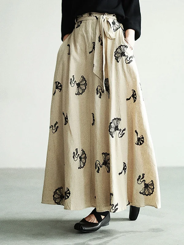 Women Summer Artsy Flower Embroidery Linen Skirt linen skirt natural