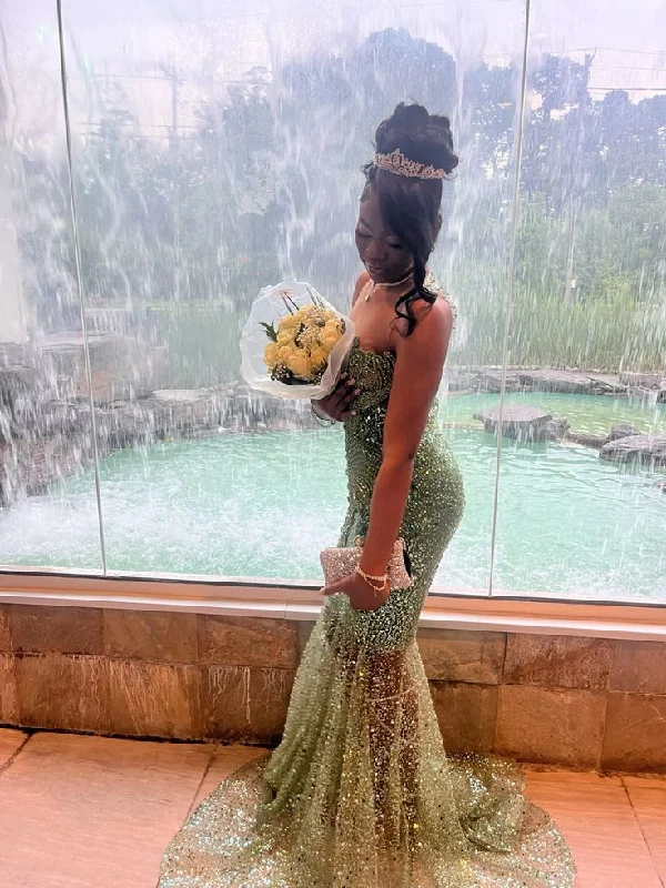 Stunning Green Strapless Beading Mermaid Black Girl Party Dress Birthday Outfits DP3943 Tunics Luxurious premium