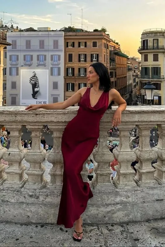 Burgundy V Neck Halter Backless Mermaid Satin Long Party Dress, DP3561 Tunics Wedding white