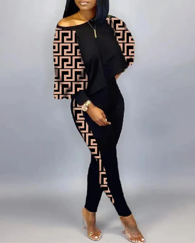 Women Fashion Casual Graphic Print Loose Top And Skinny Pants Set Classic Bootcut Trousers