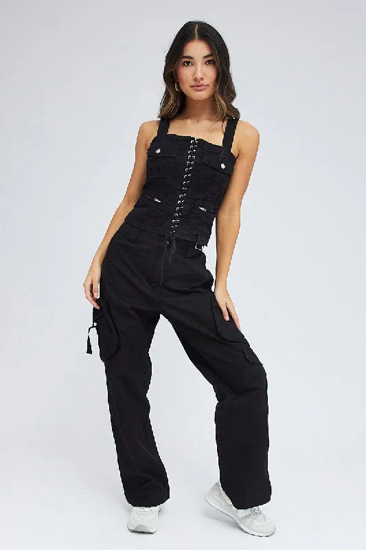 Black Cargo Pants Low Rise Comfortable Pleated Pants