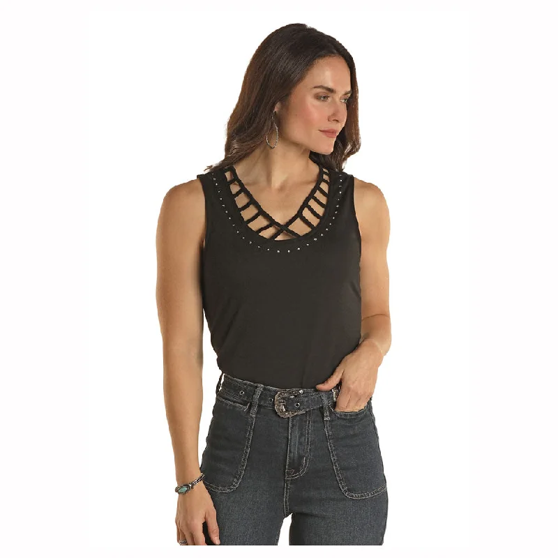 LW20T02899 Panhandle Women's Strappy Tank with Rhinestones - Black neon tank top
