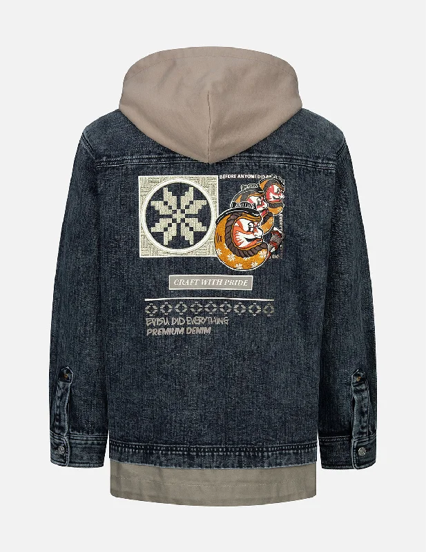 2-in-1 Loose Fit Denim Shirt Jacket with Detachable Hood Print Jacket Jacquard Jacket Embroidered Jacket