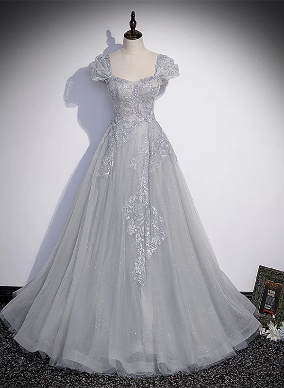 Grey Sweetheart Cap Sleeves Long Party Dress, Grey Long Tulle with Lace Prom Dress Tunics Fashionable trendy