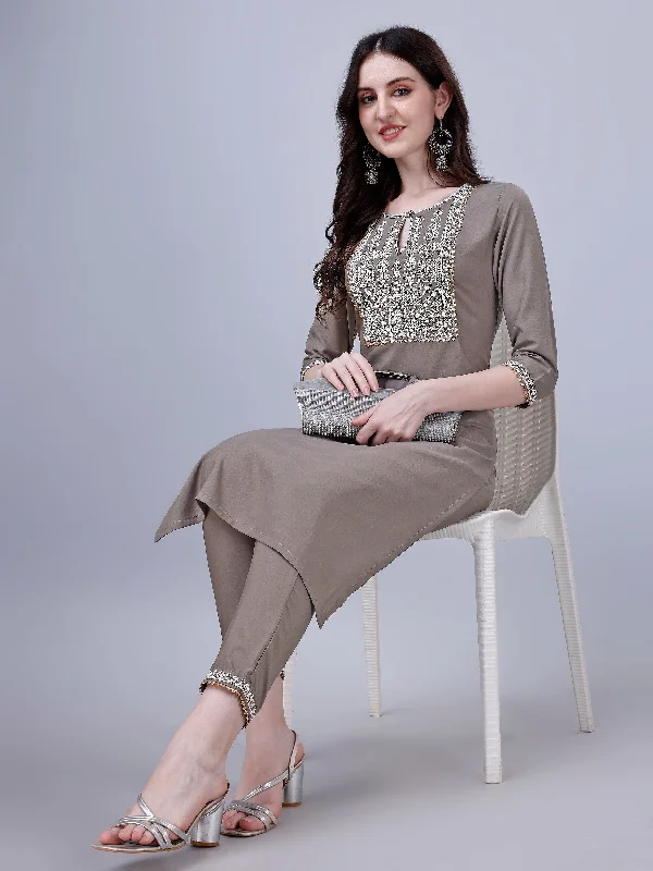 Women's Silk Blend Embroidered Kurti And Pant Set (Grey) - Modestouze Attires High-Waist Jogger Pants