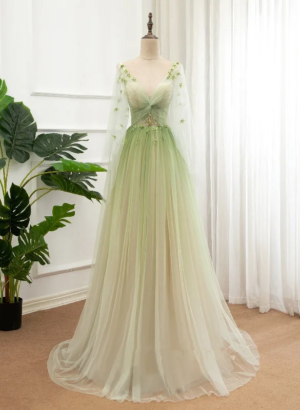 A-line Green Tulle Gradient Long Party Dress, Green Floor Length Formal Dress Tunics Spring floral