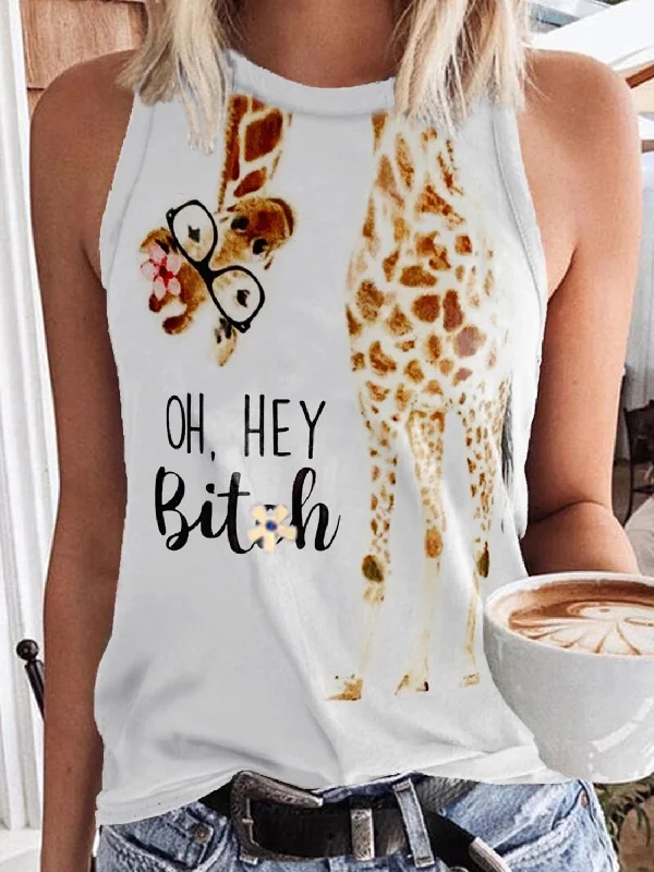 Giraffe Print English Glasses Round Neck Sleeveless Tank Tops turquoise tank top