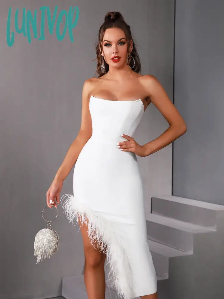 Lunivop Summer Sexy Strapless Backless Black White Hot Pink Feather Women Bodycon Bandage Dress  Elegant Evening Club Party Dress Tunics Recommended stylist