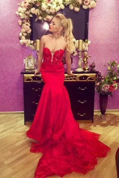 Sexy Red Mermaid Sweetheart Prom Dresses Satin Strapless Long Party Dresses P1072 Tunics Vintage classic