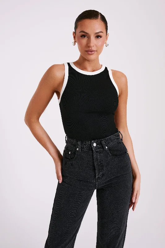 Zanna Contrast Ribbed Tank Top - Black/White adorable tank top