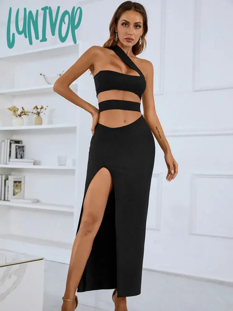 Lunivop Solid Women Summer Sexy One Shoulder Hollow Out Black Split Mid-Caf Bodycon Bandage Dress Elegant Evening Club Party Dress Tunics Hiking breathable