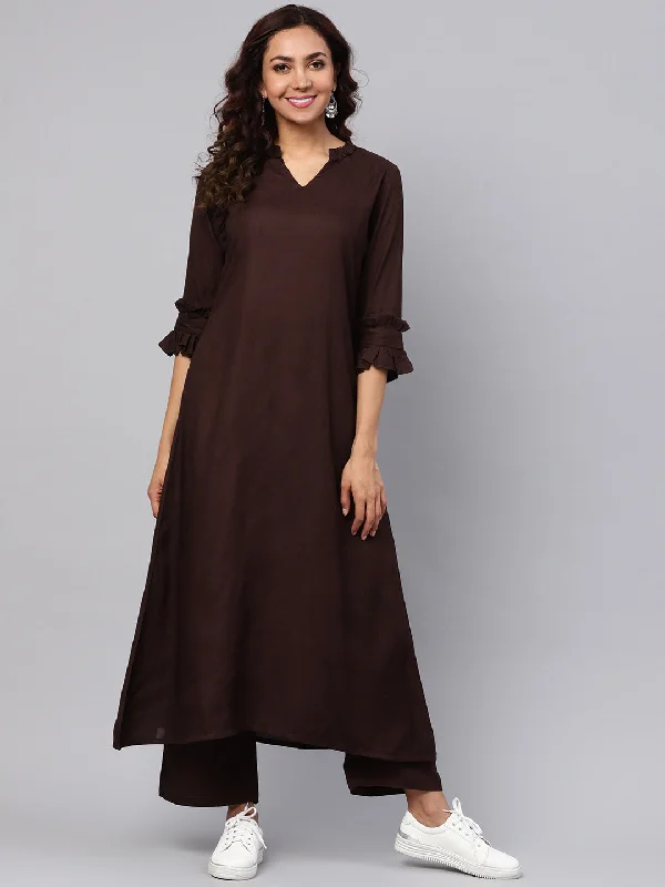 Women's Maroon A-Line Kurta With Palazzo Pants - Idalia Fashionable Work Pants