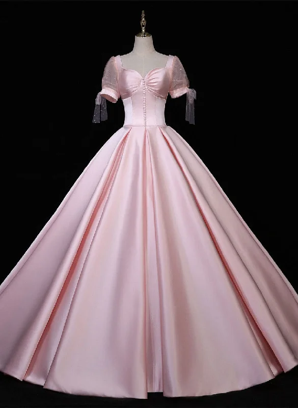 Pink Satin Long Sweetheart Formal Dress, Pink Sweet 16 Party Dress Peplum Ruffle Cocktail