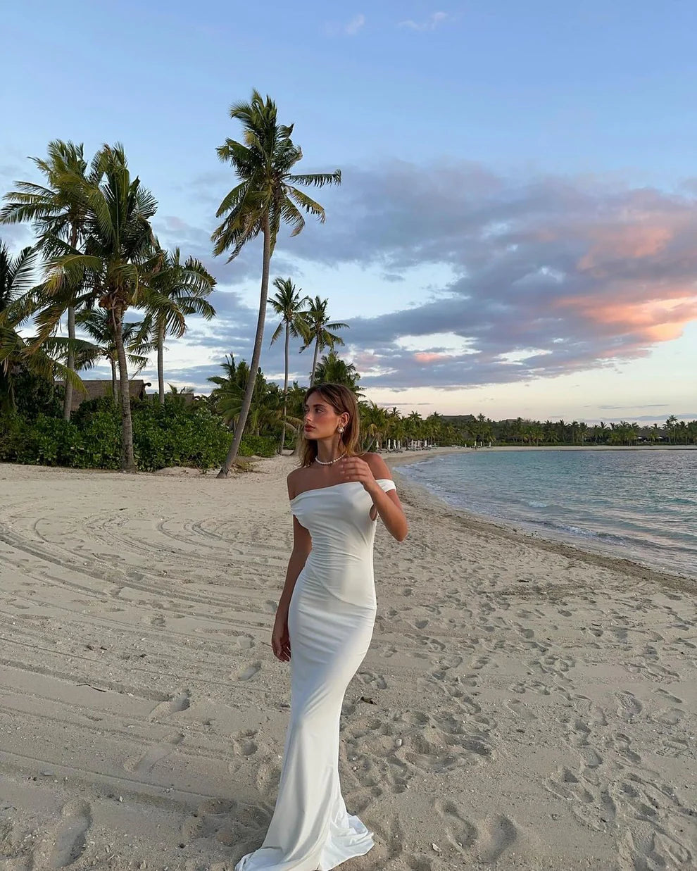 Elegant White Off Shoulder Mermaid Long Party Dress, DP4258 Tunics Chinos classic