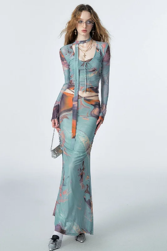 Abstract Print Camisole Skirt Set lace skirt elegant