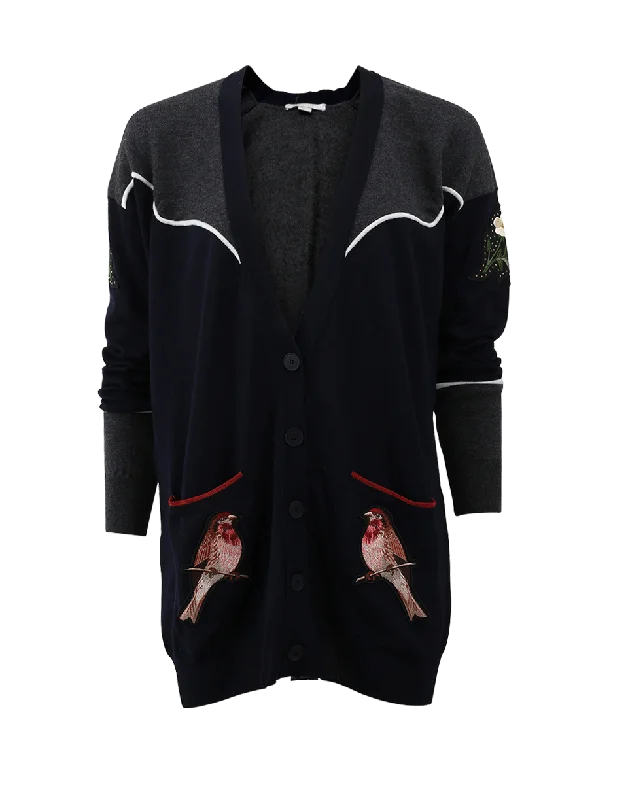 Bird Embroidered Cardigan Fitted Slim Tailored