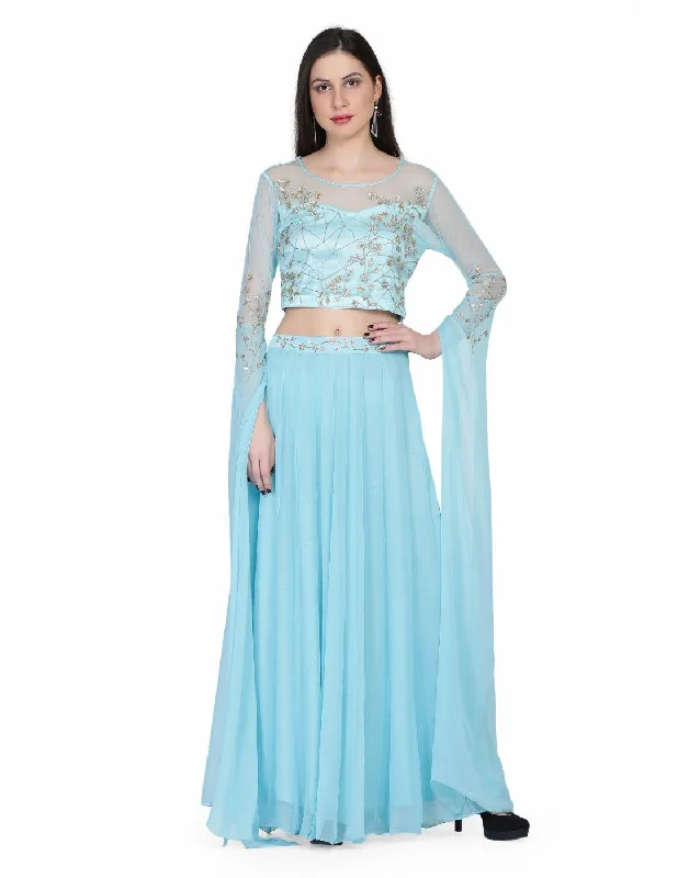 Miracolos By Ruchi's Buy Sky Blue Georgette Croptop-skirt  - Rent belted skirt waist