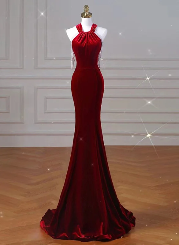 Wine Red Halter Backless Velvet Mermaid Party Dress, Wine Red Evening Dress Prom Dress Tunics Practical easy-care