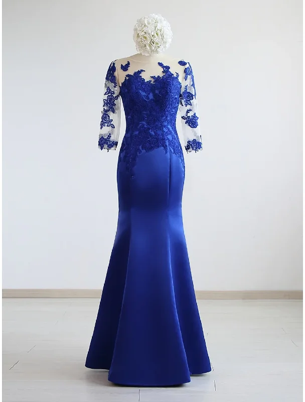 Royal Blue Appliques Half Sleeves Mermaid Formal Party Dress,DP1459 Tunics Spring floral