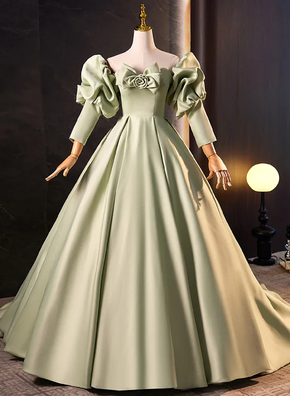 Green Satin Off Shoulder Unique Long Party Dress, Green Satin Prom Dress sweetheart Neckline Romantic