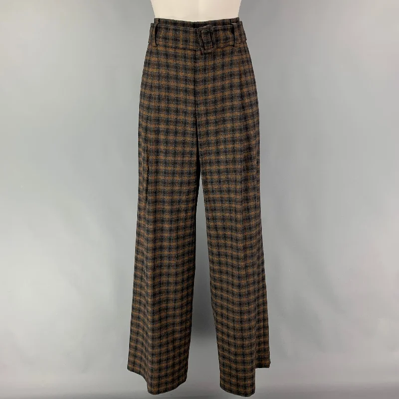 VINCE Size 10 Grey Brown Plaid Polyester Blend Belted Dress Pants Soft Cotton Pants