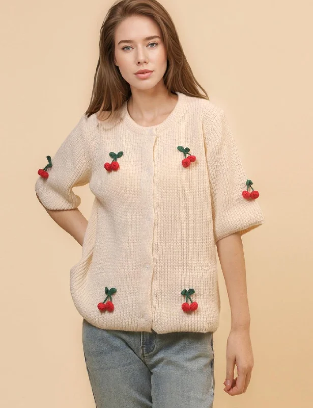 Ladies Round Neck Cherry Short Sleeves Cardigan SKT4655 Oversized Loose Flowy
