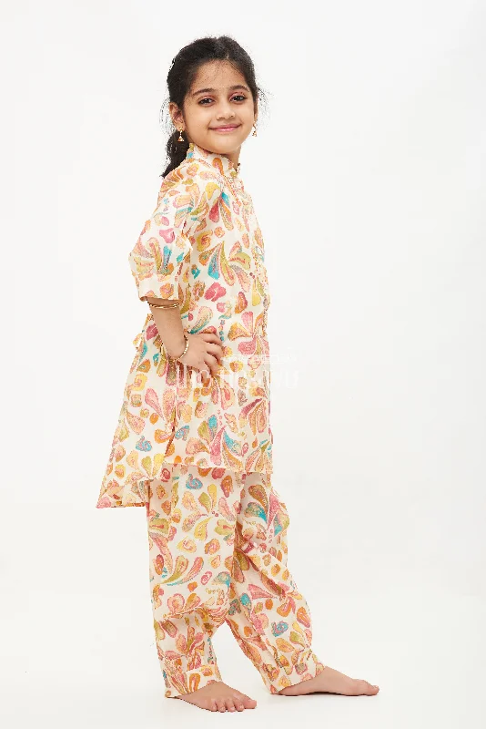 Printed Modal Silk Kurta Set with Chinese Collar and Harem Pants for Girls Cozy Full-Length Pants
