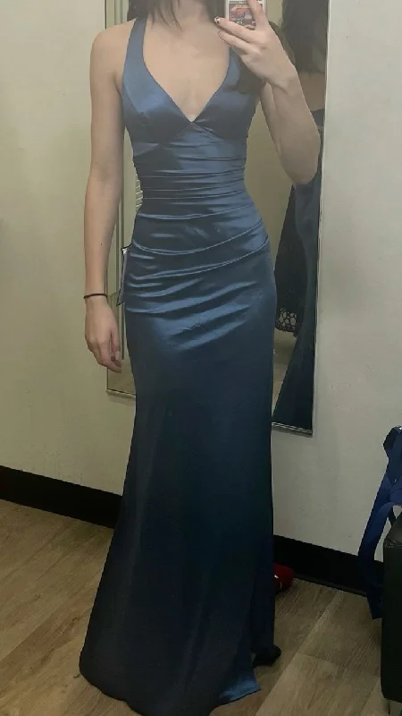 Navy Blue V Neck Halter Mermaid Satin Long Formal Party Dress, DP4369 Tunics Polka dots